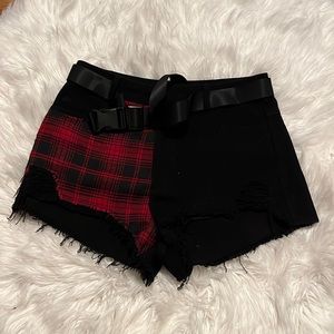 Split Black Red Checkered Punk Shorts Buckle Frayed Accent